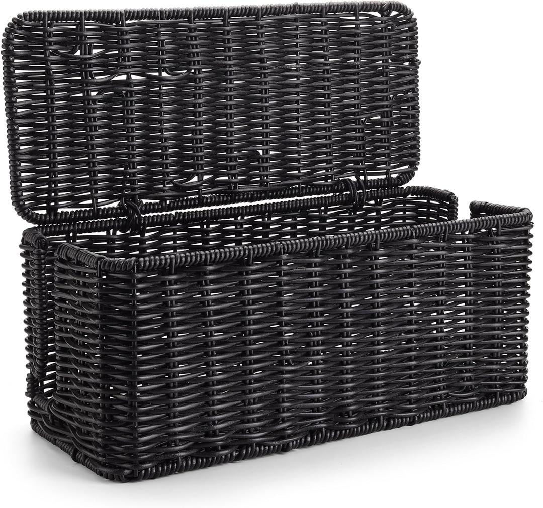 Handmade Cable Management Box Black, Imitation Rattan Cord Organizer Cord Hider Box, Desk Cord Management Box to Hide Cords and Power Strip L12.5 W5.2 H5.5