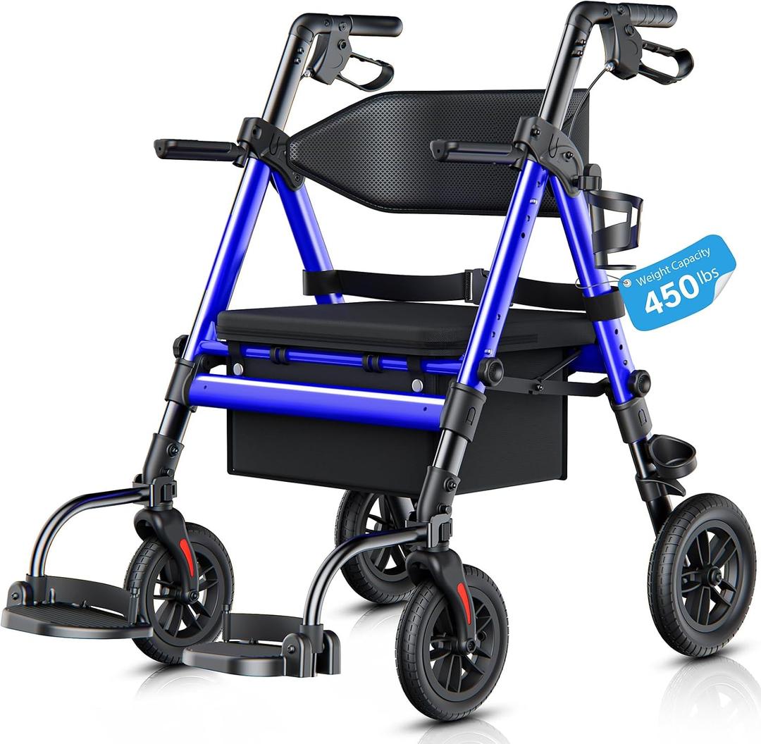 Walkers for Seniors 2 in 1 Wheelchair Combo, 450 lb Foldable Rollator Transport Chair with Seat, Heavy Duty Rolling Walker 10" Wheels for All Terrain, Blue