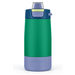 Ello Kids Colby 12oz Stainless Steel Insulated Water Bottle with Straw and BuiltIn Silicone Coaster Carrying Handle and LeakProof Locking Lid for School Backpack, Lunchbox, Tropical Wave