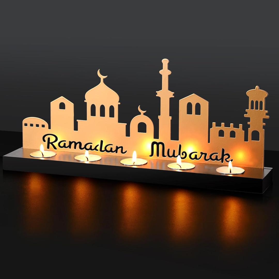 Ramadan Mubarak Decorations Islamic Candle Holder with 5 Tea Candles Eid Mubarak Metal Sign with Wood Base Ramadan Kareem Table Centerpieces Eid Al Fitr Muslim Party Gifts