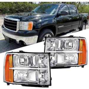 Headlights Assembly compatible with 2007 2008 2009 2010 2011 2012 2013 GMC Sierra 1500, 07-14 GMC Sierra 2500HD 3500HD Head Light Headlamp, Chrome Housing Amber Reflector