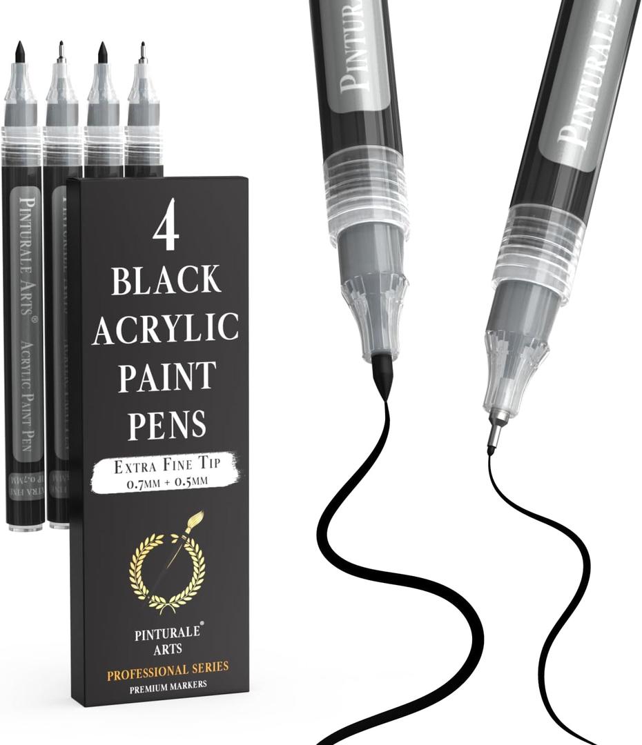 Pinturale Arts Extra Fine Tip Black Paint Pen | Set 4 Black Paint Pen Extra Fine Tip (0.7mm & 0.5mm) | For Ceramics, Rock Painting, Glass, Wood, Canvas, Metal