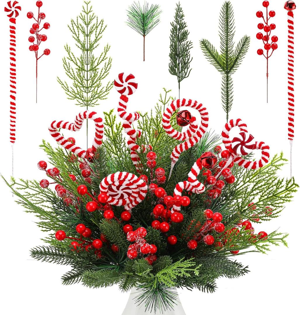 82 PCS Christmas Artificial Pine Branches Decorations Set, Red Berry Stems Pine Branches Frosted Greenery Candy Cane Floral Picks for DIY Craft Tree Wreath Garland Centerpiece