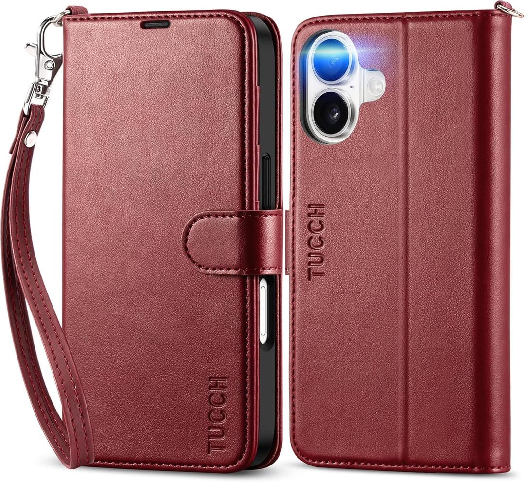 TUCCH Case Wallet for iPhone 17 (6.3-Inch) 2025, Wrist Strap | Stand | RFID Blocking | 4 Card Holders | TPU Shockproof Inner Shell | PU Leather | Magnetic Folio Cover | Dark Red