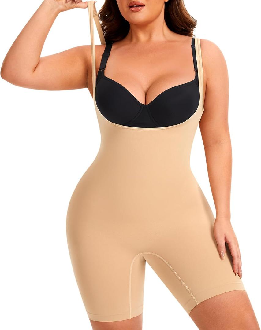 fortix Plus Size Open Bust Women Shapewear Bodysuit Tummy Control Body shaper Under Dress Faja Thigh Slimmer (Beige, XL)