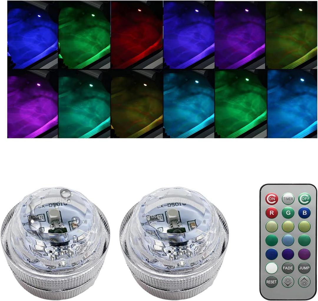 2PCS Mini Submersible LED Lights for Car, Waterproof Underwater Flameless Accent Light with Remote Control, Battery Operated Multicolor Changing Light for Vehicle Interior