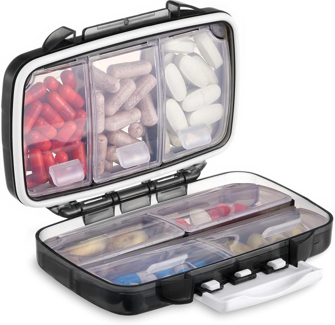 Fullicon Portable Pill Organizer Weekly, Small Travel Pill Case with 7 Compartment, Moistureproof and Airtight Pill Box, Travel Pill Holder for Vitamins/Fish Oils/Supplements (Black)