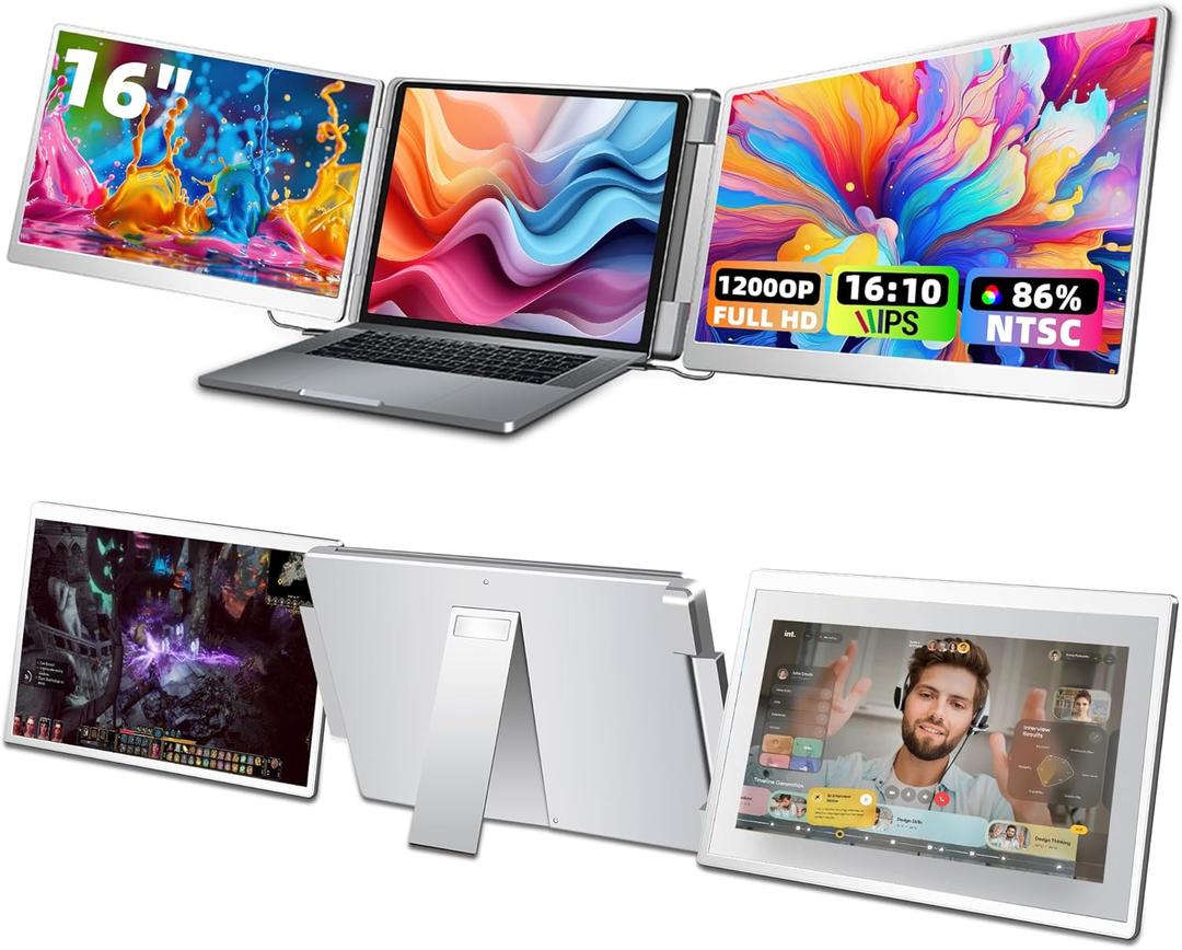 Laptop Screen Extender Computer Upgraded 16" Portable Monitor,FHD 1200P IPS Triple Laptop Screen Extender,Removable Multi-Mode Monitor for 12-18.5 Laptops Compatible with Mac/Wins/Android/Dex