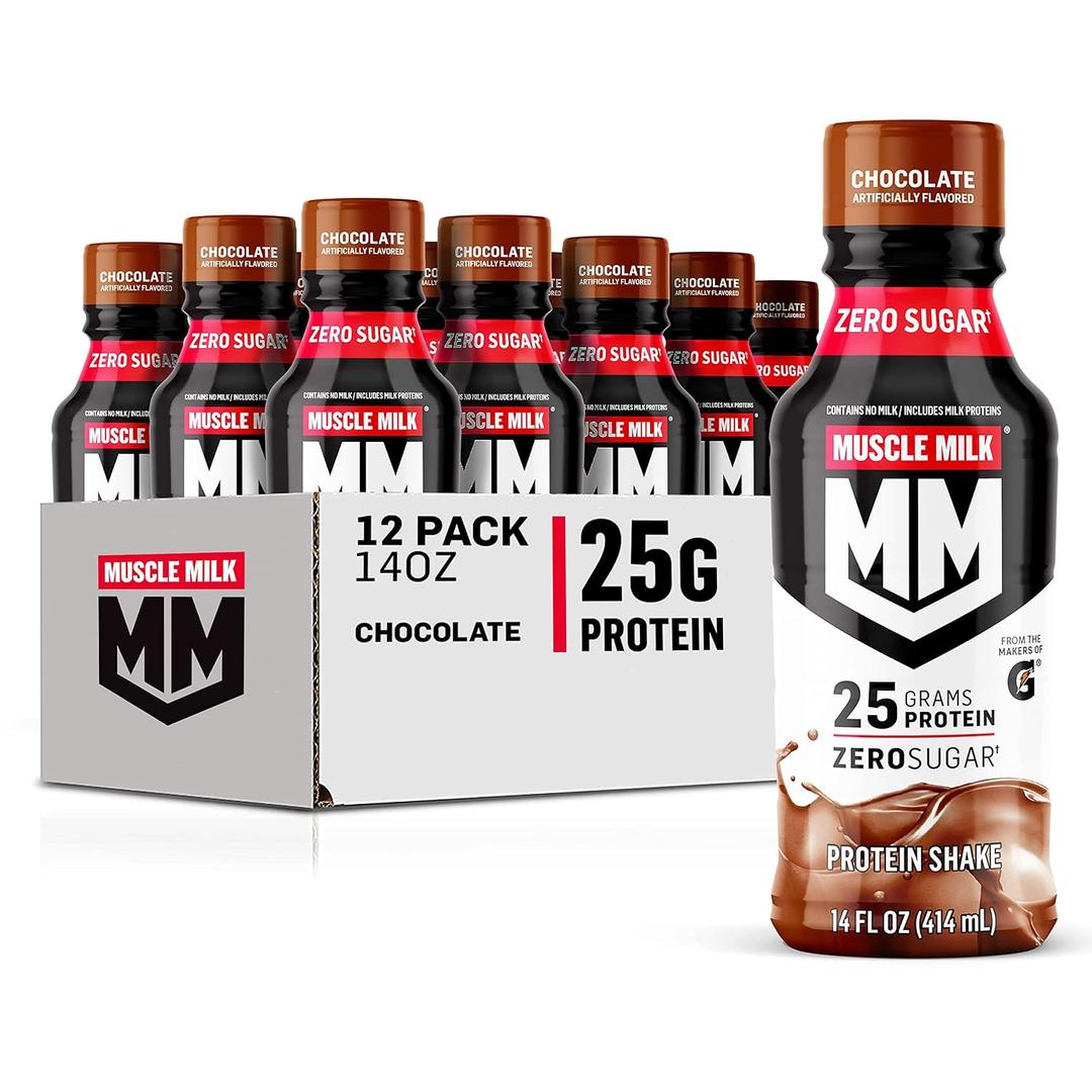 Muscle Milk Genuine Protein Shake, Chocolate, 14 Fl Oz Bottle, 12 Pack, 25g Protein, Zero Sugar, Calcium, Vitamins A, C & D, 6g Fiber, Energizing Snack, Workout Recovery, (BBD 11/15/26)