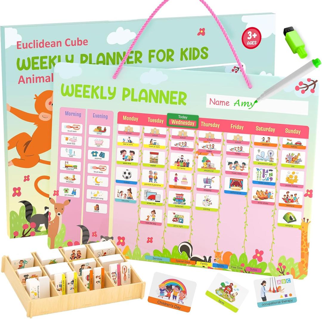 Euclidean Cube Weekly Planner for Kids - Magnetic Behavior Board Calendar with 237 Magnets, Storage Box, Easels, Hooks, Cord & Pen - Daily Routine and Chore Chart - Visual Schedule for Kids 3+ (Animal Theme)