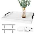 SXNOWS Coffee Table Tray - Large Ottoman Tray for Living Room - Wood Serving Tray with 2 Sets of Handles - Wooden Tray for Coffee Table, 4 Round Coasters Included, White