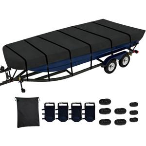 Jon Boat Cover 10-12 ft, 420D Oxford Cloth PU Waterproof Jon Boat Waterproof Trailerable Boat Covers with Windproof Straps, Removable Drop sandbag, Jon Boat Beam Width up to 56 inch, Black
