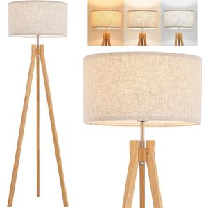 ELYONA Nordic Wood Tripod Floor Lamp, Modern Reading Standing Lamp for Living Room 3 Color Temperatures LED Bulb Included Flaxen Lamp Shade, Boho Natural Wooden floor lamp for Bedroom Office Kids Room