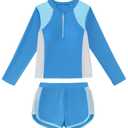 Mioglrie Girls Bathing Suits Size 7-8 Kids Swimsuits Girls Zipper Long Sleeve Swimsuit Blue Beach 2 Piece Swim Suit Shorts Set (Blue)