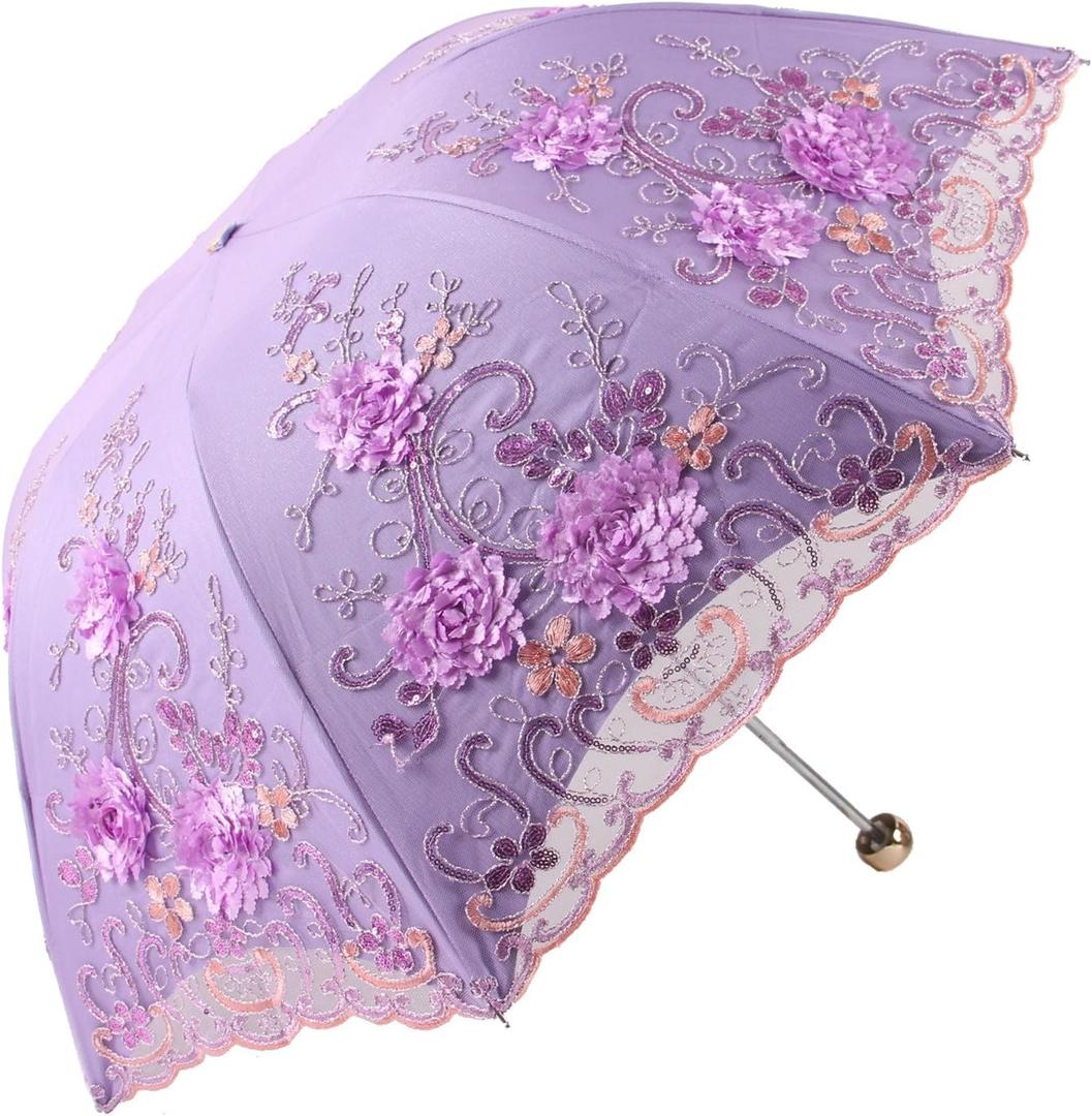 Honeystore Vintage Lace UV Sun Parasol Folding 3D Flower Embroidery Umbrella (09Purple)