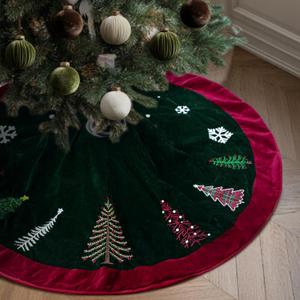Soulchen 48 Inch Velvet Christmas Tree Skirt Dark Red and Green Large Plush Fur Skirt with Xmas Pine Tree Snowflake Embroidered for Vintage Farmhouse Rustic Holiday Party Decorations