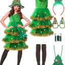 Berlune 7 Pcs Christmas Tree Costume for Women Dress Hat Headband Bag Glasses Frame Socks and Sequins Christmas Outfits (Large)