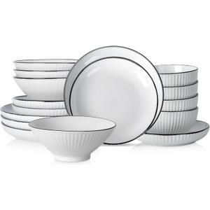 Christian Siriano Lustra Modern 16-Piece Stoneware Dinnerware Set, Plates and Bowls Set, Dinner and Salad Plates, Ramen Bowls, Dishes for 4, White