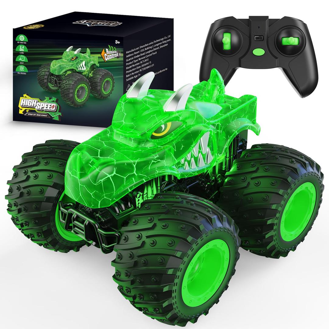 AUUGUU Remote Control Car, 2.4GHz Monster Trucks Toys with Light Spray, Birthday Gift for Kids 3 4 5 6 7 8, All Terrain RC Cars, Toddler Toys for Boys Girls 3+ Year Old (Dinosaur-Green)