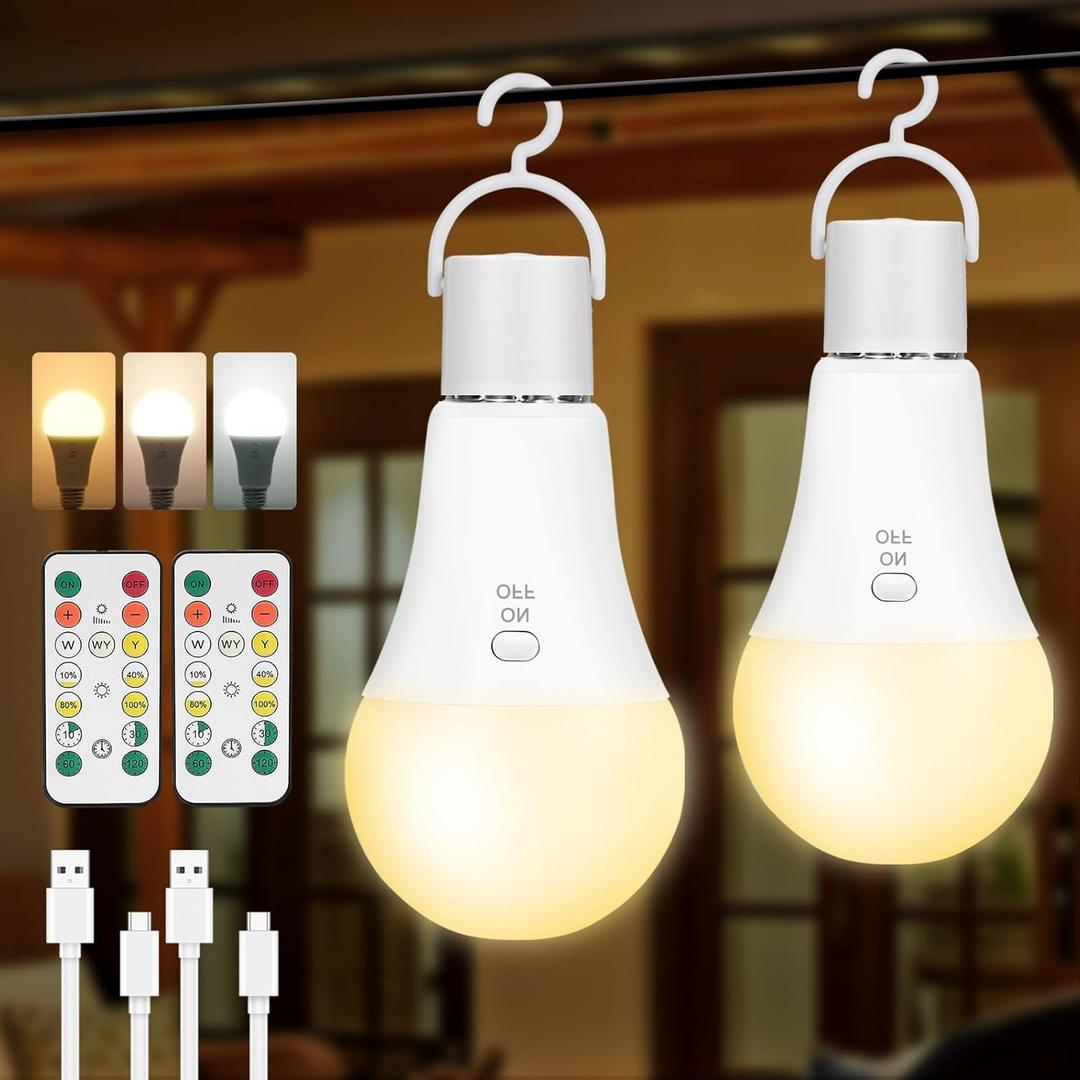 2 Pack Rechargeable Light Bulbs, Battery Operated Light Bulbs with Remote, Keep Lighting During Power Outage, 2600mAh A19 Emergency Wireless Battery Light Bulb with 3 Colors, Dimmable, Timer for Home