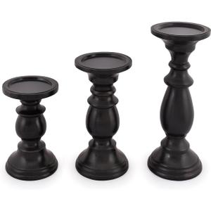 SAMHITA Set of 3 Farmhouse Mango Wood Candle Holders, in Black Finish for Table Centerpiece Candle for Any Room Decor