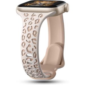 CreateGreat Slim Leopard Engraved Bands Compatible with Apple Watch Band 41mm 40mm 38mm 49mm 46mm 45mm 44mm 42mm Women, Cheetah Silicone Strap for iWatch Series 10 9 8 7 6 5 4 3 2 1,Ultra,SE (Starlight & Nude Tan)