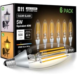 Dusk to Dawn Outdoor LED Light Bulb, 5W Equivalent 40W, Candelabra B11 Light Bulb, 2700K Soft White, Edison LED Bulbs E12 Base, Lighting Sensor, Auto On/Off for Porch Patio Garage, 6 Pack