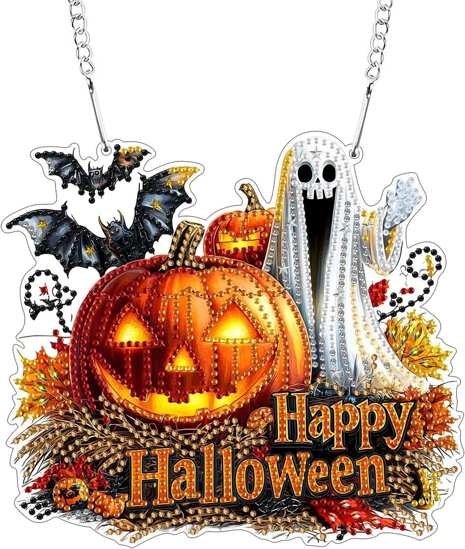 Tumwisk Diamond Art Kits, Halloween Crafts for Adults, Fall Diamond Art, Halloween Home Decor Indoor Doors Garden Windows Horror Funny Hanging Decor Gifts (Pumpkin Ghost)