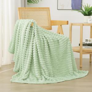 Linecooo Cream Green Fleece Throw Blanket 50”×60” for Couch Sofa Bed, Super Soft Cozy Plush Microfiber Flannel Blanket with Stripes Design Lightweight for Adults, Woman, Girls