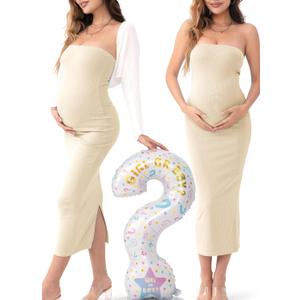 Rnxrbb 2 Piece Maternity Dress Shrug Cardigan Baby Shower Wedding Guest Bodycon Maternity Dresses Photoshoot Gender Reveal (Large, Line)