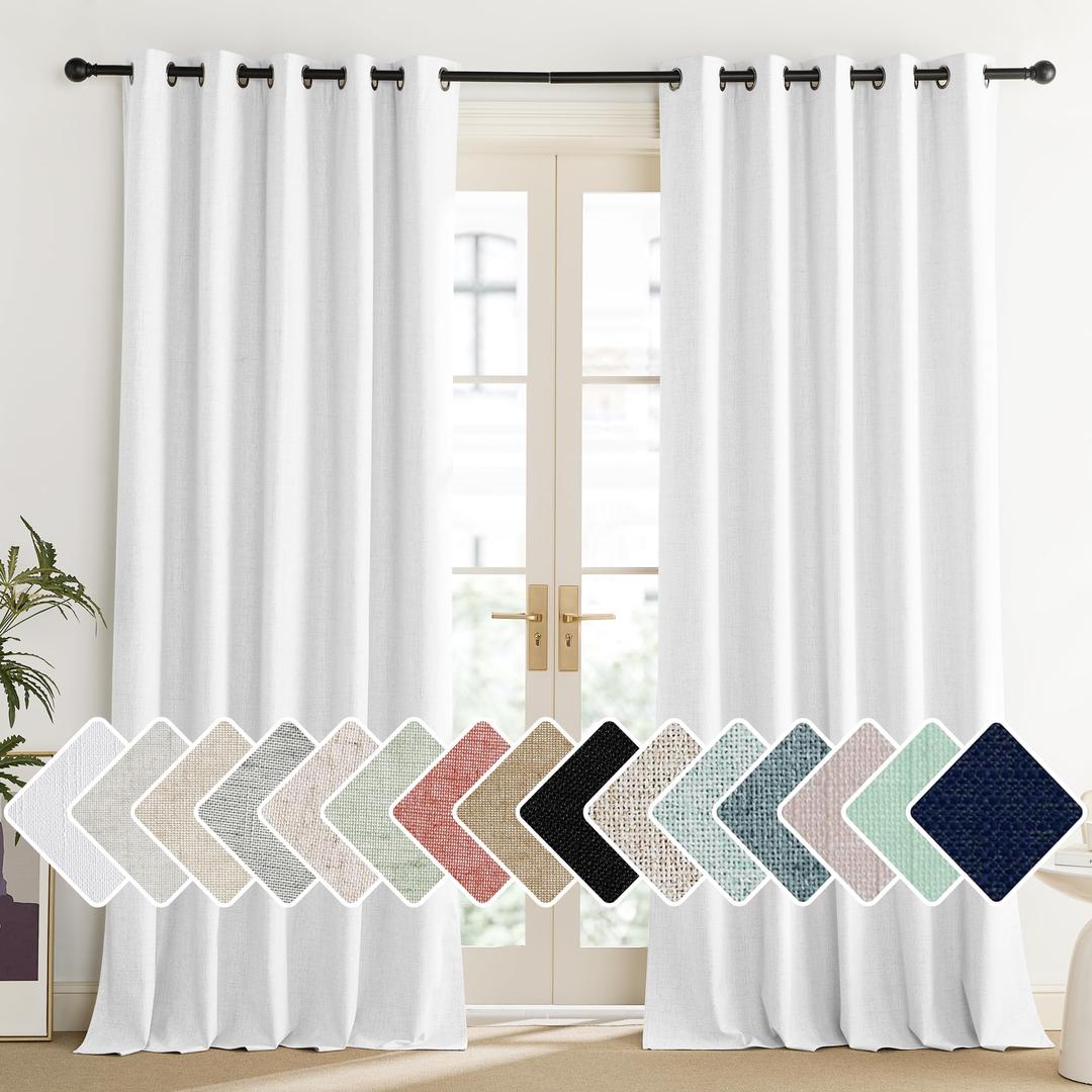 NICETOWN 100% Absolutely Blackout Linen Curtains with Thermal Insulated Liner, Greyish White, 62" Wide, 95" Length Energy Saving Curtains for Living Room 2 Panels Set, Vertical Blinds