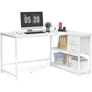 L-Shaped Desk with Drawers - 55 in Reversible White Office Desk for Home Office, Computer Desk with Storage for Bedroom, L-Shaped Computer Desk with USB Ports and Bookshelf