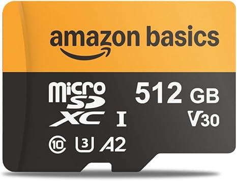 Amazon Basics 512GB microSDXC Card with Adapter for Tablets, Smartphones, Action Cameras, GoPRO, Drones, Full HD, Read Speed Up to 200MB/s, 1-Pack