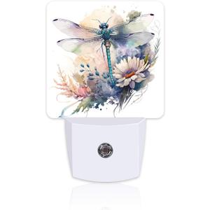Watercolor Dragonfly Flowers Night Light, Vintage Insect Botanical Floral Leaves Dusk to Dawn Night Light Plug in,0.5w Energy Saving Sleep Friendly NightLight for Kids Boys Girls Home Decor (Color2)