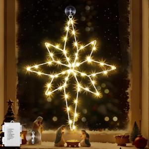 1 Pack 16 Large Christmas Window Light Decorations, LED Bethlehem Christmas Star Window Silhouette Lights with Timer, 8 Models, Iron Frame, Battery Operated Lighted Xmas Star Decors (Warm White)