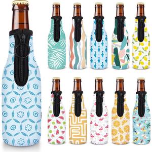 Summer Beer Bottle Insulator Sleeve Zip-up Bottle Jackets 12oz Non-slip Thick Neoprene Drink Cooler for Party Bulk, 11 Packs