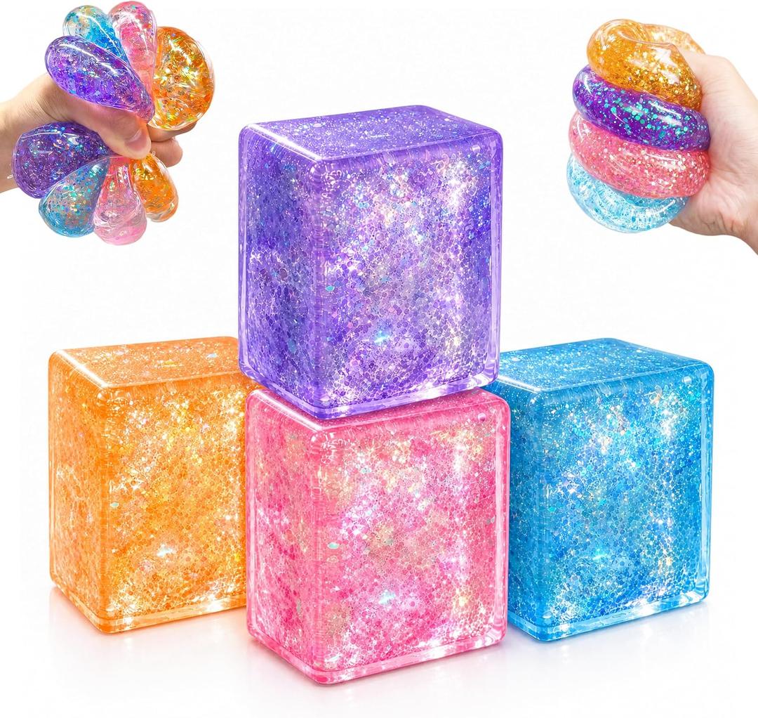 4 Pack Glitter Square Stress Balls - Colorful Sensory Squishy Balls, Normal