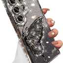 for Samsung Galaxy S25 Ultra Glitter 3D Butterfly Case,Cute Luxury Bling Sparkly Diamond Rhinestone Liquid Flowing Case with Camera Lens Protector Women Girls Case for Galaxy S25 Ultra,Silver