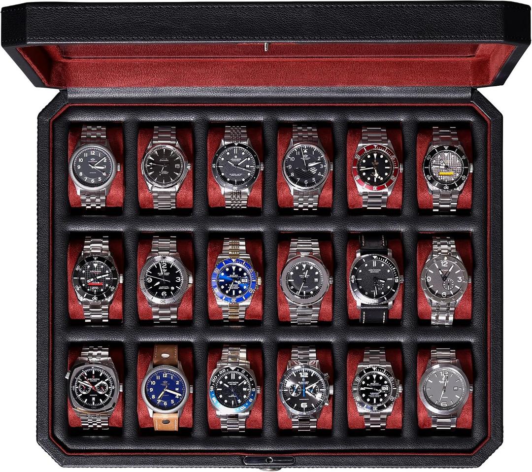 ROTHWELL 18-Slot Watch Case Luxury Watch Box for Men, Real Glass Top, Lockable, Elegant Display for Collections (Black/Red)