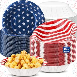 Sliner 50 Pcs 16 oz Patriotic 4th of July Disposable Paper Bowls 2 Styles Memorial Day American Flag Compostable Soup Bowl Party Favor for 250th Anniversary Hot Soup Snack Salad Serving Supplies
