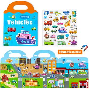 Magnetic Reusable Sticker Book for Kids Ages 3-6, Vehicles Truck with City Playboard Refrigerator Magnet Educational Learning Toys Travel Magnet Stickers Activity Books for Toddler Girls Boys Age 3+