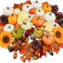 Winlyn 60 Pcs Assorted Small Artificial Pumpkins and Gourds with Acorns Pinecones Maple Leaves Sunflowers Fall Harvest Decoration Set for Thanksgiving Halloween Bowl Filler Table Centerpiece Wreaths