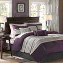 Madison Park Palmer Comforter Set - Faux Suede Design, Striped Accent, All Season Bedding, Shams, Decorative Pillow, Bed Skirt, Queen (90 in x 90 in), Purple 7 Piece