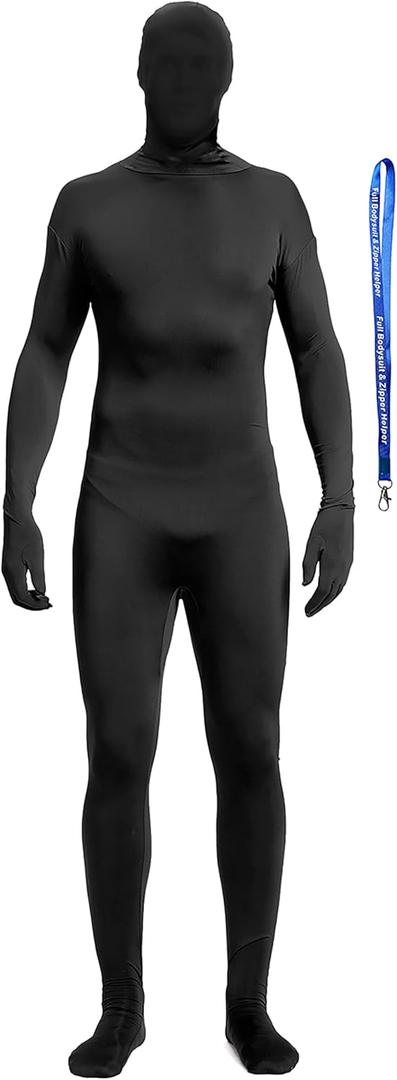 Full Bodysuit Include Zipper Helper Unisex Spandex Stretch Adult Costume Zentai Disappearing Man Body Suit (XX-Large, Black)