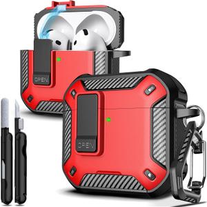 R-fun for AirPods 4 Case with Cleaning Kit, Carbon Fiber Elements Military Drop Proof Auto Pop up Cover, Phone Stand and Magnetic Base with Carabiner Hook Compatible with AirPods 4th Gen 2024,Red