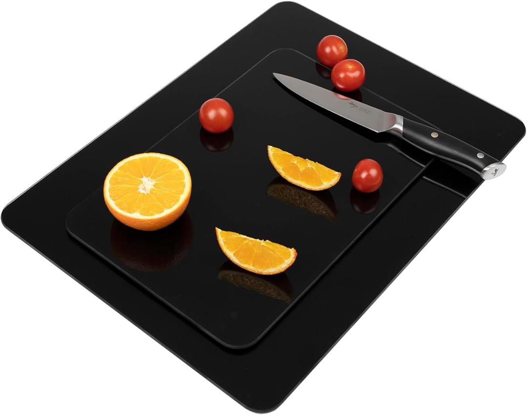 Tempered Glass Cutting Board for Kitchen, Cutting Board with Non-Slip Feet for Countertop, Dishwasher Safe, Rounded Corner Board, Shatter, Heat & Scratch Resistant-16"x12" & 12"x8" 2pcs, Black