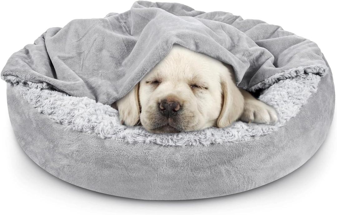 JOEJOY Small Dog Bed Cat Bed with Hooded Blanket, Cozy Cuddler Luxury Puppy Pet Bed, Donut Round Calming Anti-Anxiety Dog Burrow Cave Bed - Anti-Slip Bottom and Machine Washable 23 inch (Grey)