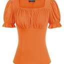 Peasant Tops for Women Vintage Puff Sleeve Square Neck Renaissance Shirt Orange S