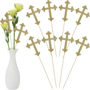 Menkxi 30 Pcs Baptism Gold Glitter Cross Centerpiece Sticks 10" Double Side Cross Baby Shower Cake Toppers Centerpieces for Tables Wedding Birthday Party Religious Christening Decoration