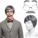 Pistha Old Man Costume Accessories Including Grey Old Man Wig Glasses and Faux Eyebrows Mustache for Grandpa Cosplay
